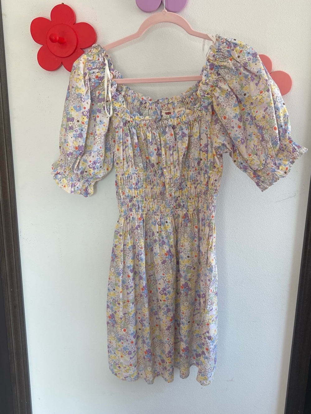 Levi's Pastel Yellow Floral Puff-Sleeve Mini Dress